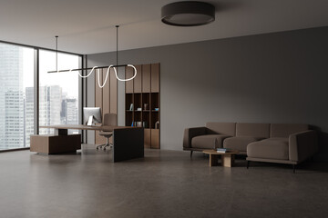 Office interior with workplace with pc computer, chill zone and panoramic window