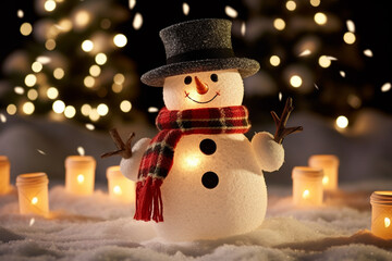 Magical Christmas Night with Cheerful Snowman and Glowing Lanterns. Festive Snowman with Sparkling Lights and Snowfall