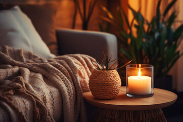 Burning candle in wicker vase on wooden table in room