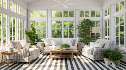a sunroom with a white tile floor and a striped sofa and a ceiling fan