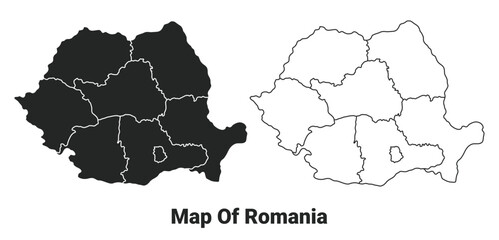 Vector Black map of Romania country with borders of regions