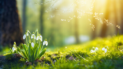 snowdrop spring flowers in the grass - obrazy, fototapety, plakaty