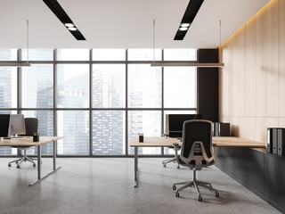 Stylish business interior with armchairs and table, pc monitors and drawer