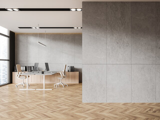 Concrete open space office interior with blank wall