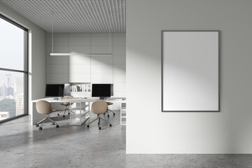 Light coworking interior with pc desktop and panoramic window. Mockup frame