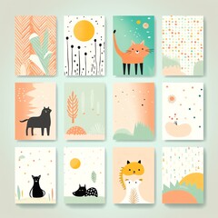 Illustrations feature minimalist designs with pastel colors, showing cats, nature, and abstract shapes. Perfect for decor, stationery, and digital projects, they offer a playful and modern feel.