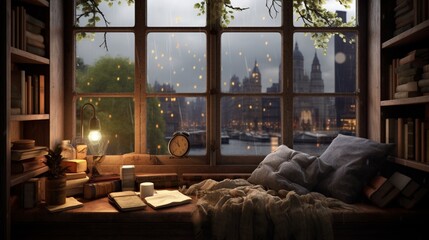 A cozy corner with a window seat, fluffy cushions, and a view of a rainy day outside for a perfect reading spot. -