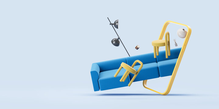 Smartphone with home furniture flying, online shopping and copy space background