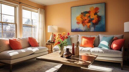 A cozy living room bathed in warm sunlight, with plush sofas and vibrant throw pillows, inviting you to relax and unwind.