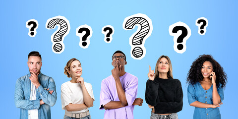 Diverse group of thoughtful students and question marks