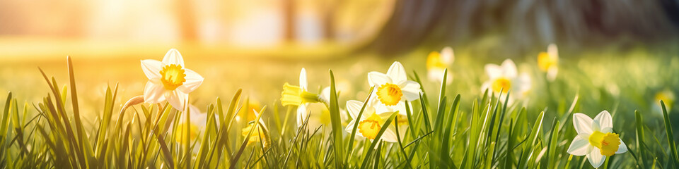 banner daffodil in white and yellwo on a spring meadow with warm light - obrazy, fototapety, plakaty