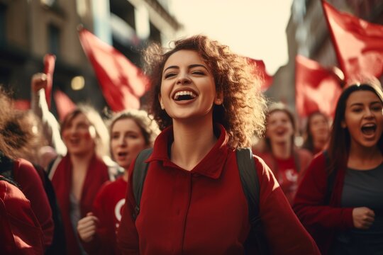 Mujer j&oacute;ven al frente de una manifestaci&oacute;n en el dia internacional de la mujer. Revoluci&oacute;n. 
