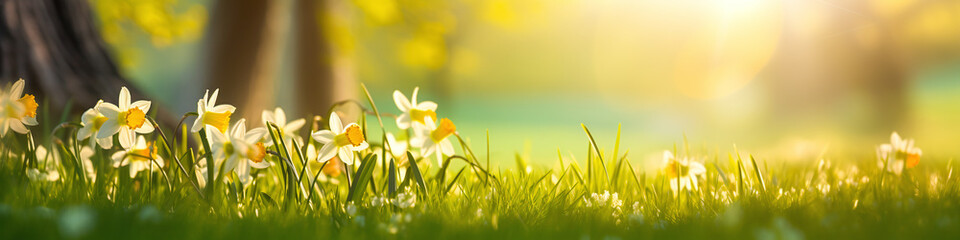 banner daffodil in white and yellwo on a spring meadow with warm light