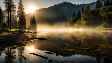 A peaceful landscape of quiet forests, lakes, and fog combined with the morning sunlight
