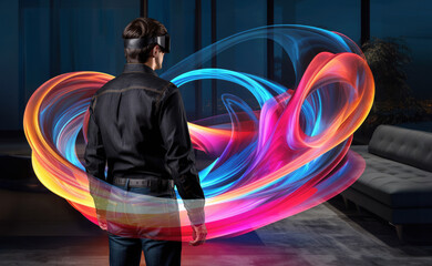 Man viewing an abstract shape with an AR headset
