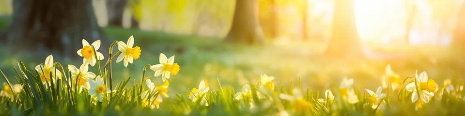 Photo sur Plexiglas Prairie, marais banner daffodil in white and yellwo on a spring meadow with warm light 