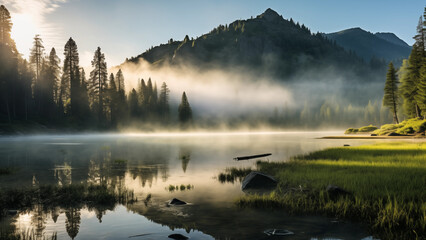 Fototapeta na wymiar A peaceful landscape of quiet forests, lakes, and fog combined with the morning sunlight