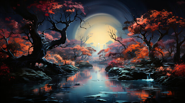 Illustration with autumn trees on the river and moon in asian style