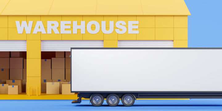 Mock up delivery van with warehouse and parcels, loading orders