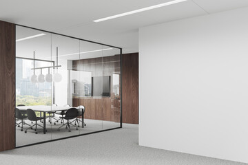 Glass meeting room interior with board and chairs, window and mock up wall