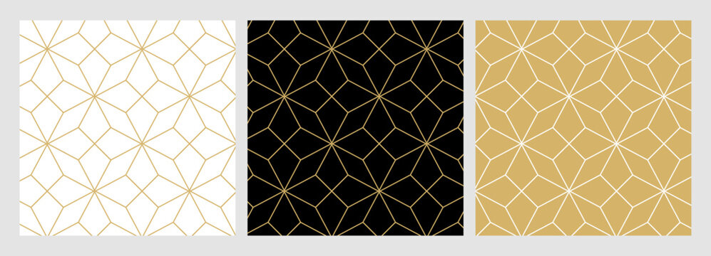 Christmas pattern seamless star and triangle abstract backgrounds set. Collection of holiday design templates with elegant gold luxury color geometric  vector lines.  