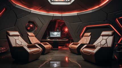 A futuristic home theater with LED-accented walls, reclining leather chairs, and a 3D projection system for an immersive movie night 