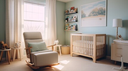 A gender-neutral nursery with soft pastel colors, adorable animal-themed decor, and a cozy rocking chair for bedtime stories.  