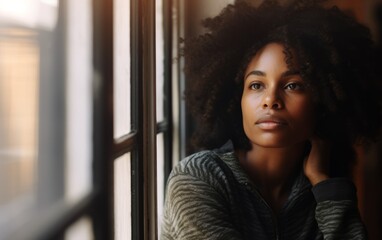 Primer plano de mujer joven afroamericana con rostro sereno y agradable. Dia internacional de la mujer. 