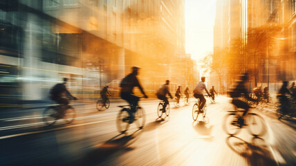 People cycling in city in the morning with motion blur image, eco friendly transport.