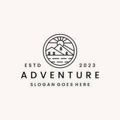 mountain landscape with rocks at sunrise, Sea and Sun for Hipster Adventure Traveling logo