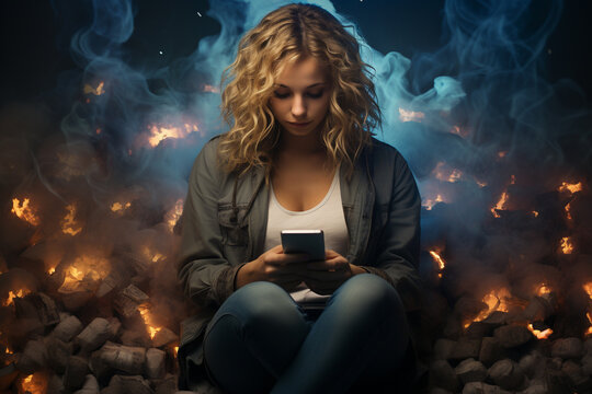 Concept of social media addiction with a person engulfed in their mobile device apps. Ai generated