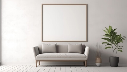 An empty picture frame hanging on a wall in a minimalist living room with a modern, soft glow.