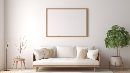 An empty picture frame hanging on a wall in a minimalist living room with a modern, soft glow.