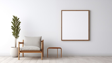 An empty picture frame hanging on a wall in a minimalist living room with a modern, soft glow.