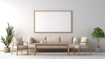 An empty picture frame hanging on a wall in a minimalist living room with a modern, soft glow.