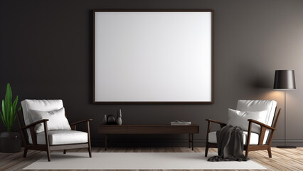 An empty picture frame hanging on a wall in a minimalist living room with a modern, soft glow.