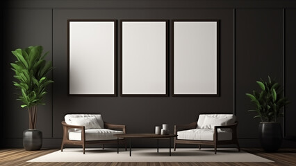 An empty picture frame hanging on a wall in a minimalist living room with a modern, soft glow.