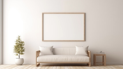 An empty picture frame hanging on a wall in a minimalist living room with a modern, soft glow.