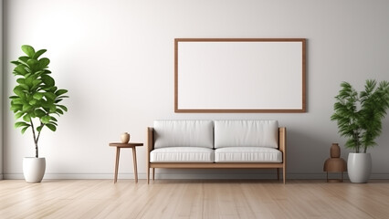 An empty picture frame hanging on a wall in a minimalist living room with a modern, soft glow.