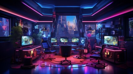 A high-tech gaming room with neon lights, gaming chairs, and multiple screens for an immersive gaming experience.  