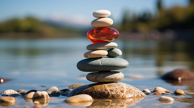 pyramid or tower of stones on the river bank, zen, harmony, chedo, water, rocks, lake, spa, relaxation, nature, tranquility, beauty, balance, landscape, minerals, shape, structure, religious, heap
