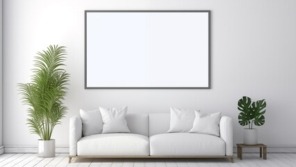 An empty picture frame hanging on a wall in a minimalist living room with a modern, soft glow.