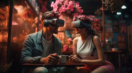 Couple in vr glasses on the date in the night city, ai generated