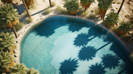 Obraz na płótnie Canvas A top-down view of a desert oasis with palm trees and a shimmering blue pool