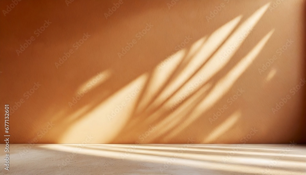 Poster minimal plaster wall backdrop featuring a palm shadow for product placement. elegant summertime inte