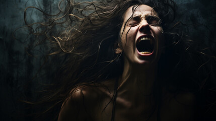 Portrai of screaming young woman in the dark, depression concept, ai generated