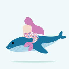 A cute mermaid sitting on the whale's back. Vector illustration of underwater lives and friendship