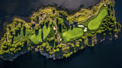 A top-down view of a golf course with rolling green hills and a picturesque lake