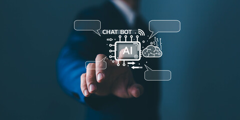 Ai chatbot, artificial intelligence tech chatbot, automated robot assistant technology, businessman...