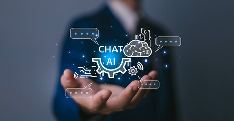 Ai chatbot, artificial intelligence tech chatbot, automated robot assistant technology, businessman...